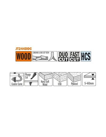 Fast, curve, coarse cut on soft and hardwood, plywood, OSB. Plunge cutting.